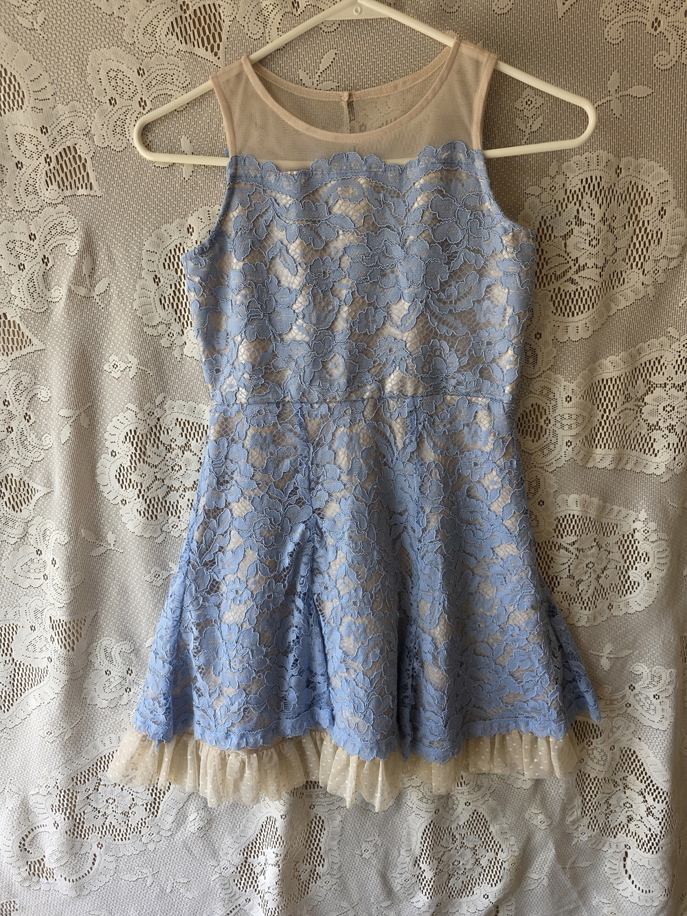 Zunie Blue Lace Fit-and-Flare Dress with Cream Tulle Hem